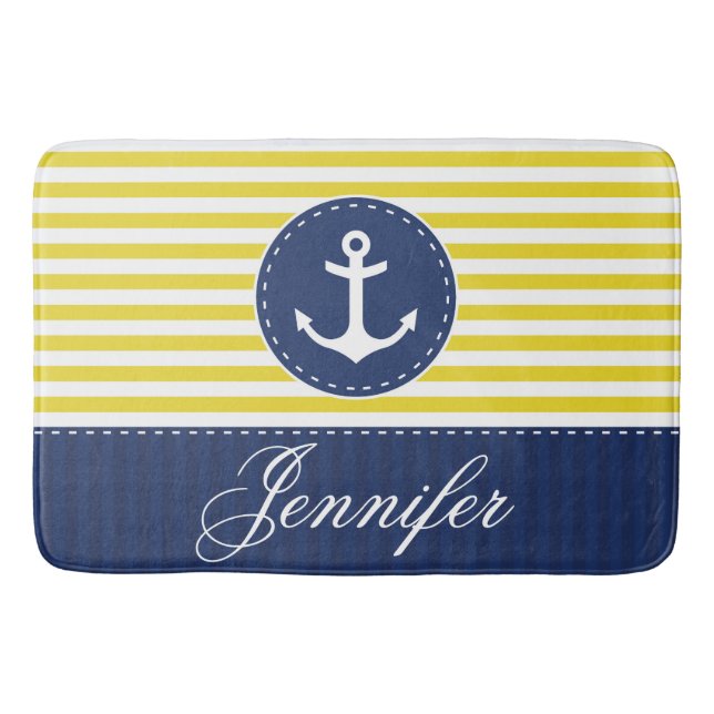 Modern Nautical Yellow Blue Anchor Personalised Bath Mat (Front)