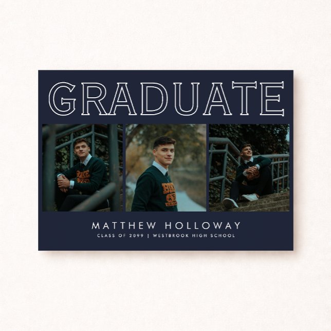 Modern Navy 3 Photo Graduation Announcement  (Creator Uploaded)