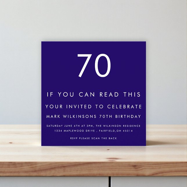 Modern Navy "70" Patterned Eye Test 70th Birthday Invitation (Creator Uploaded)