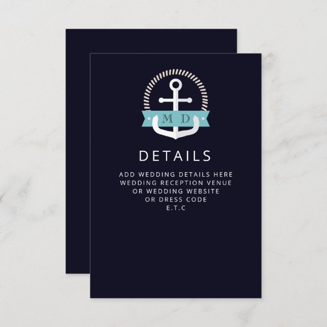Modern Navy Anchor Nautical Monogram Wedding  Enclosure Card (Front/Back)