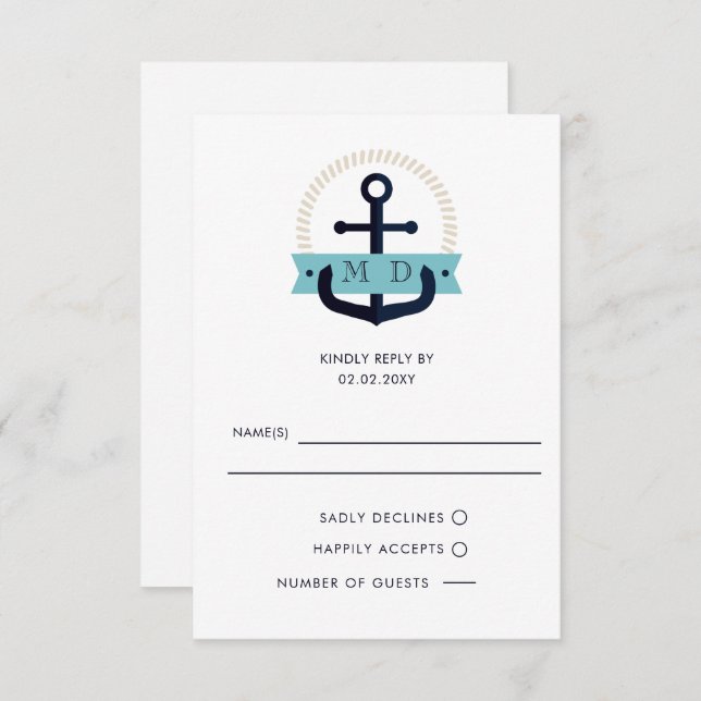 Modern Navy Anchor Nautical Monogram Wedding RSVP  (Front/Back)