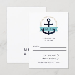 Modern Navy Anchor Nautical Monogram Wedding RSVP  Card