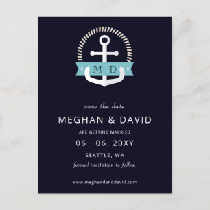 Modern Navy Anchor Nautical Monogram Wedding Save Announcement Postcard