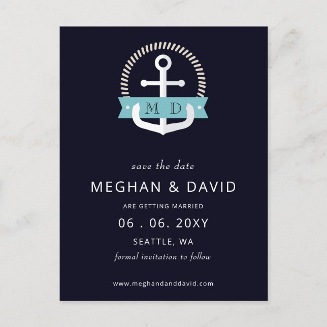 Modern Navy Anchor Nautical Monogram Wedding  Save Announcement Postcard (Front)