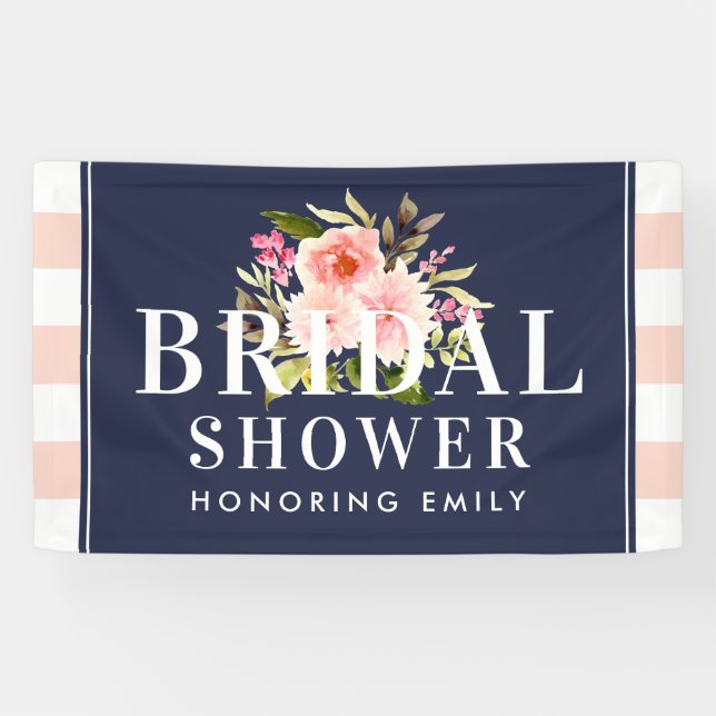 Modern Navy and Blush Pink Floral Bridal Shower Banner (Horizontal)