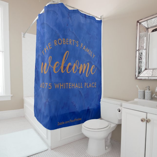 Modern Navy and Copper Personalised Name Shower Curtain (In Situ)