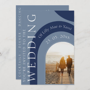 Modern Navy and Dusty Blue Arch Photo Wedding Invitation