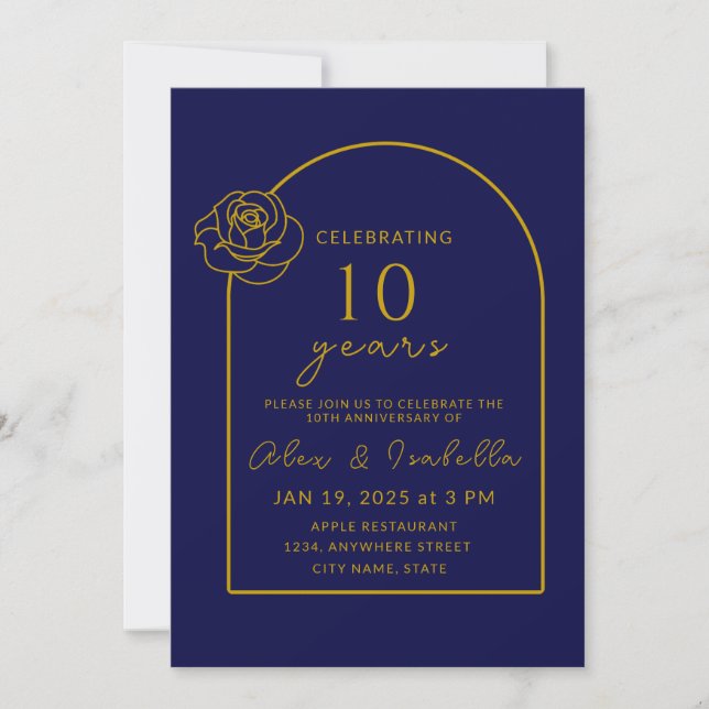 Modern Navy and Gold 10th Wedding Anniversary Invitation (Front)