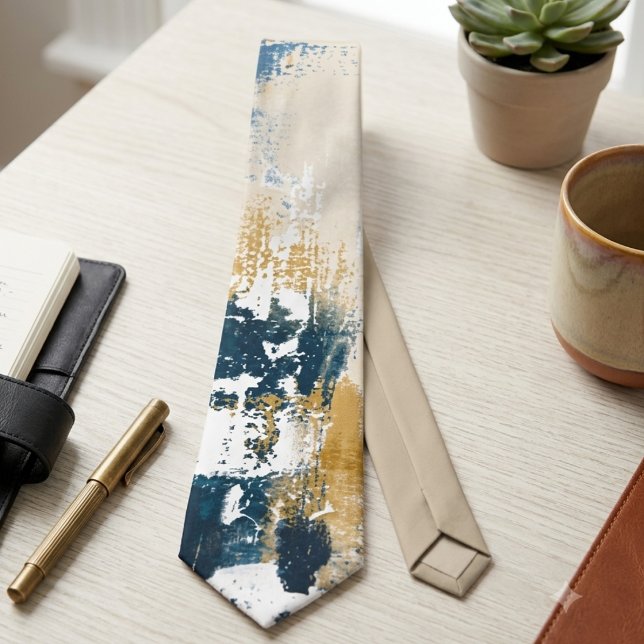 Modern Navy and Gold Abstract Brushstroke Tie (Bold navy and gold brushstrokes for the modern professional seeking an elevated office look.)