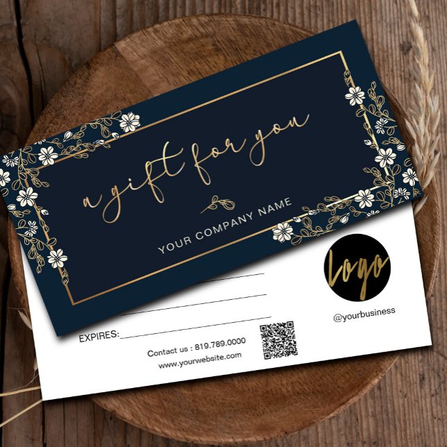Modern Navy And Gold Add Logo Gift Certificate (Modern Navy And Gold Add Logo Gift Certificate #floralgiftcard #navyandgold #addlogo #fauxgold)