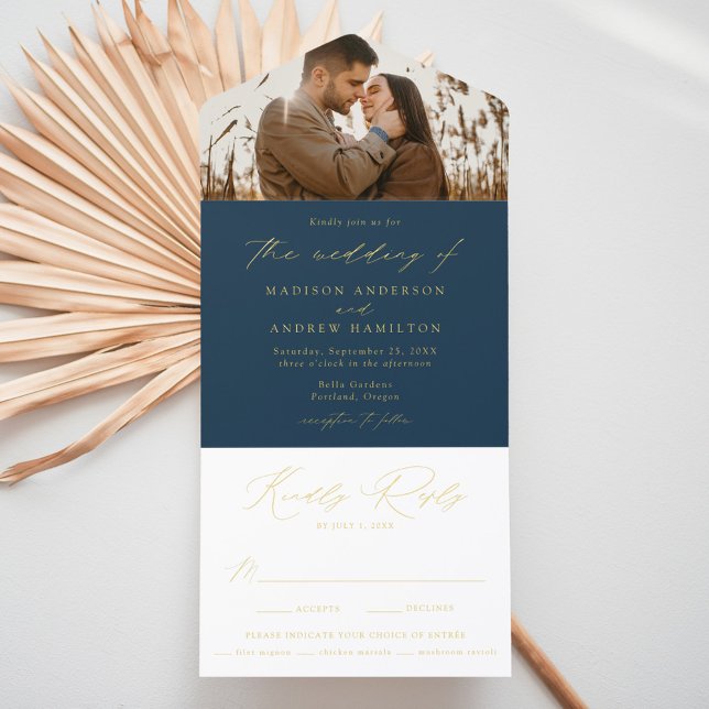 Modern Navy and Gold Foil Script Photo Wedding All In One Invitation (Creator Uploaded)