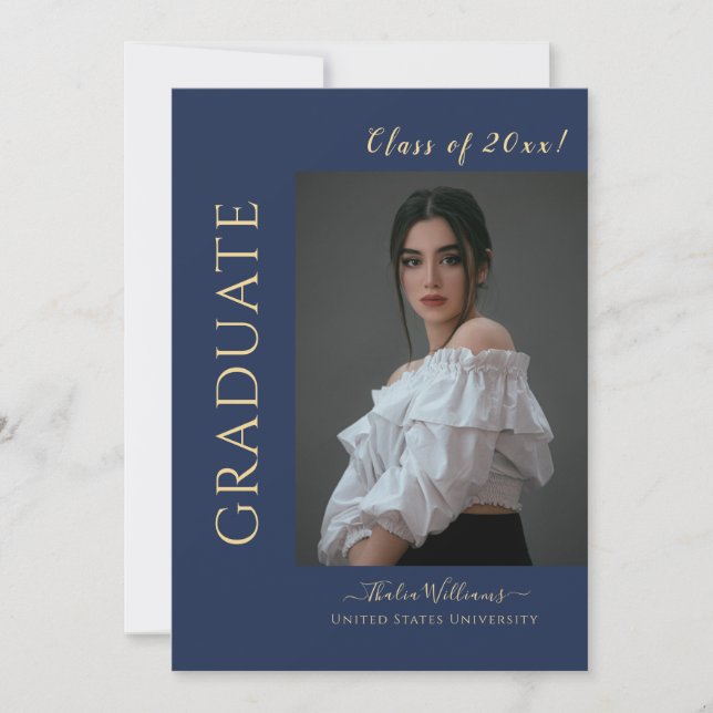 Modern Navy and Gold Photo Graduation Invitation (Front)