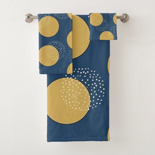 Modern Navy and Gold Polka Dot Bath Towel Set (Insitu)