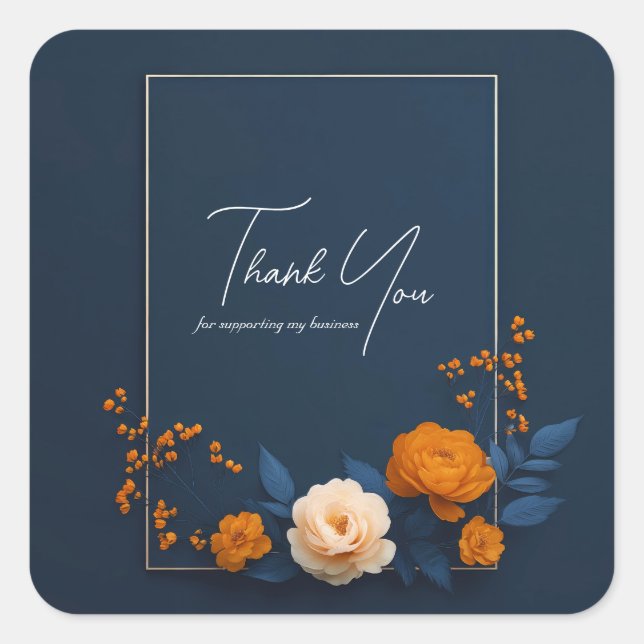 Modern Navy and Marigold Floral Thank You Square Sticker (Front)