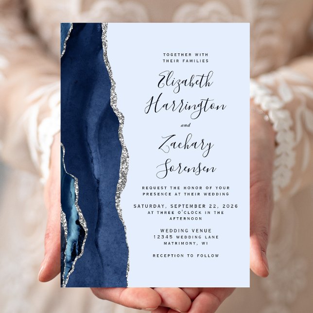 Modern Navy and Pale Blue Silver Agate Wedding Invitation (Creator Uploaded)