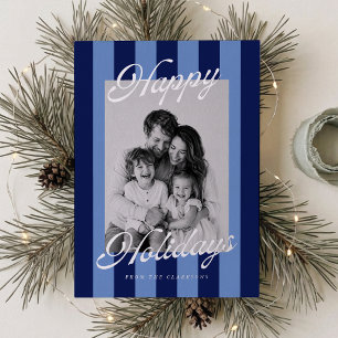 Modern Navy and Periwinkle Striped Happy Holidays