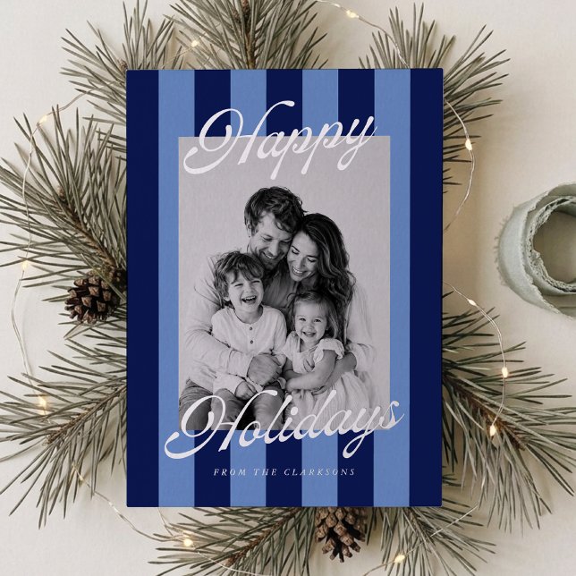 Modern Navy and Periwinkle Striped Happy Holidays  (Creator Uploaded)