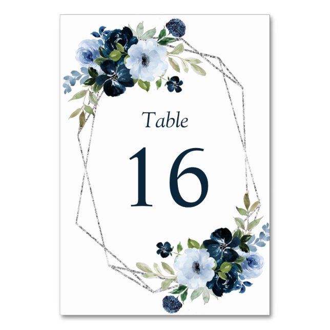 modern navy and silver frame wedding table number (Front)