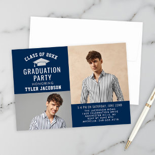 Modern Navy and Silver Graduation Party Photo Invitation