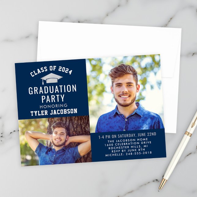 Modern Navy and Silver Graduation Party Photo Invitation (Creator Uploaded)