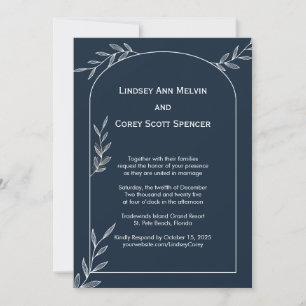 Modern Navy and White Leaf Wedding Invitation