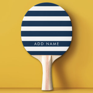 Modern Navy and White Striped Pattern Custom Name Ping Pong Paddle