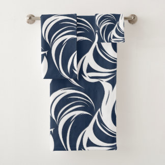 Modern Navy and White Swirl Retro Abstract Art Bath Towel Set