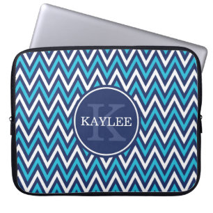 Modern Navy Aqua Blue Chevron & Monogram Laptop Sleeve