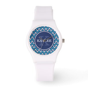 Modern Navy Aqua Blue Chevron & Monogram Watch