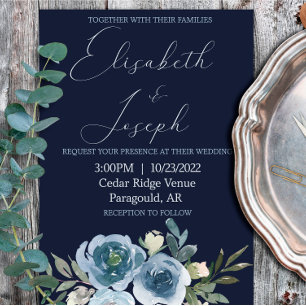 Modern Navy & Baby Blue Floral Classic Wedding Invitation