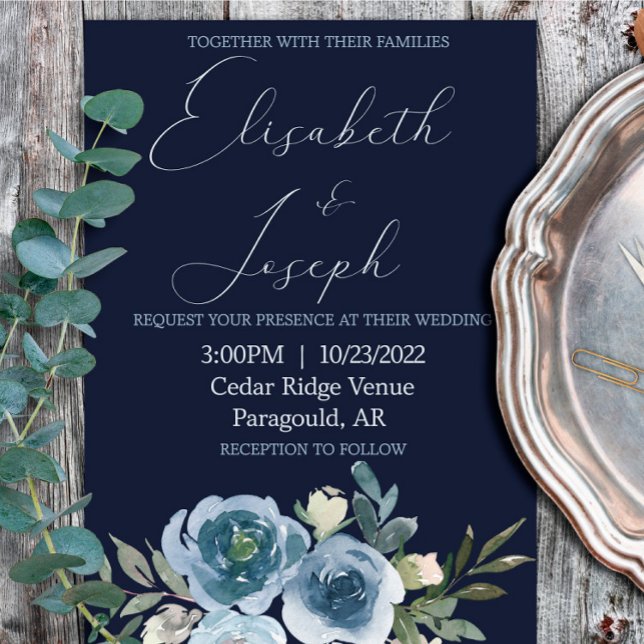 Modern Navy & Baby Blue Floral Classic Wedding Invitation (Creator Uploaded)