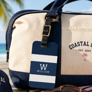 Modern Navy Beige Coastal Stripe Monogram Name Luggage Tag