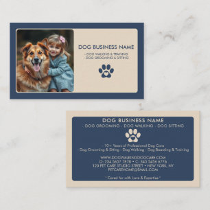 Modern Navy Beige Pet Sitting Photo Paw Print Business Card