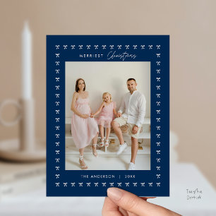 Modern Navy Blu Bow Pattern Family Photo Christmas Postcard