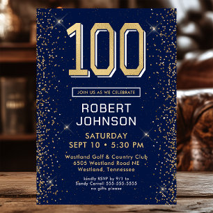 Modern Navy Blue 100th Birthday Photo Invitation
