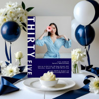 Modern Navy Blue 35th Birthday Photo Invitation
