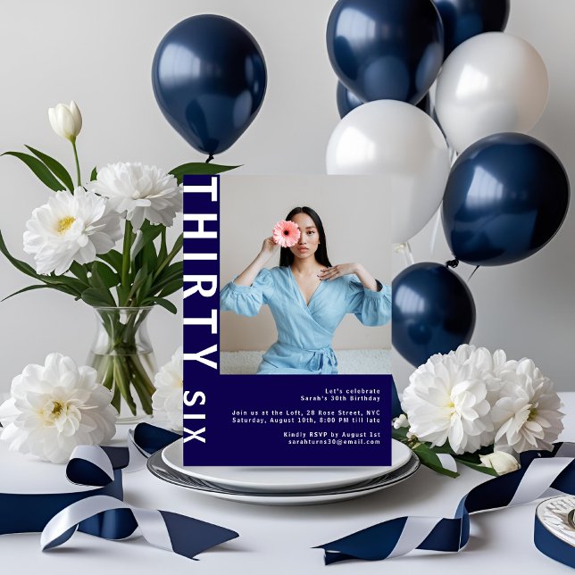 Modern Navy Blue 36th Birthday Photo Invitation (Creator Uploaded)