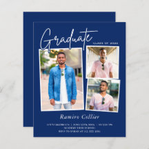 Modern Navy Blue 3 Photo Graduation Invitation