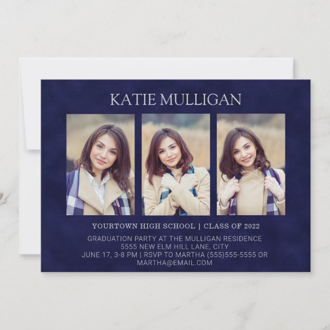 Modern Navy Blue 4 Photo 2 Side Graduation Party Invitation (Front)