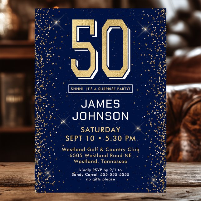 Modern Navy Blue 50th Birthday Surprise Party Invitation (Creator Uploaded)