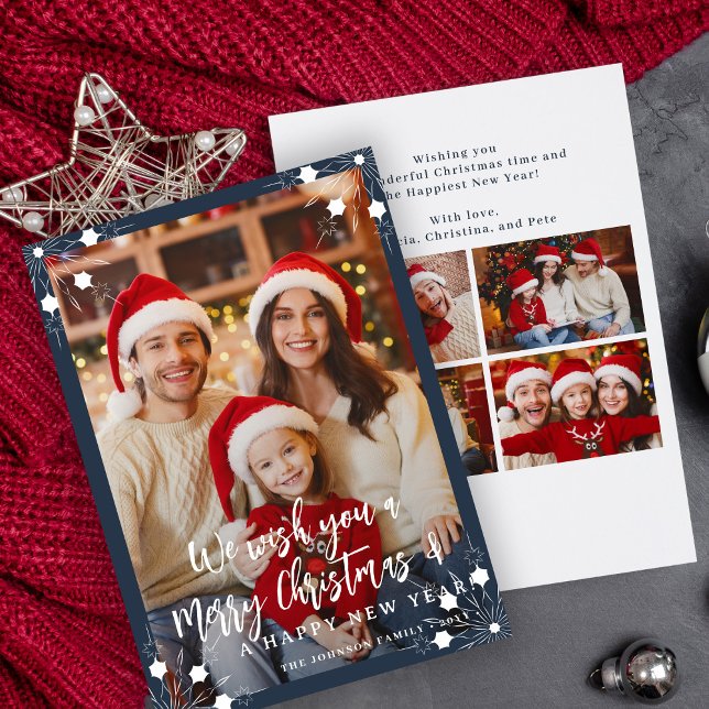 Modern navy blue 5 photo collage Merry Christmas Holiday Card (Creator Uploaded)
