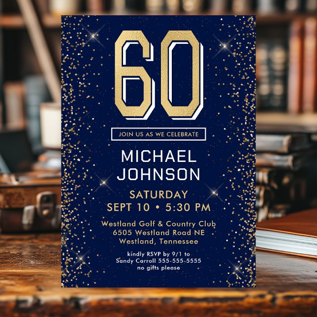 Modern Navy Blue 60th Birthday Photo Invitation (Creator Uploaded)