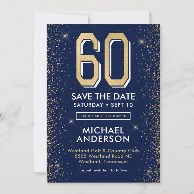 Modern Navy Blue 60th Birthday  Save The Date (Front)