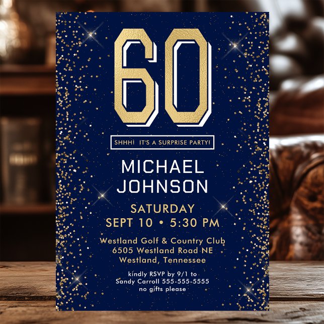 Modern Navy Blue 60th Birthday Surprise Party Invitation (Creator Uploaded)