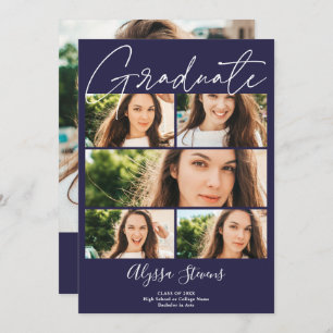 Modern navy blue 6 photos grid collage graduation announcement