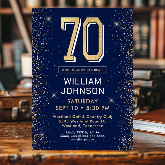 Modern Navy Blue 70th Birthday  Invitation (Creator Uploaded)