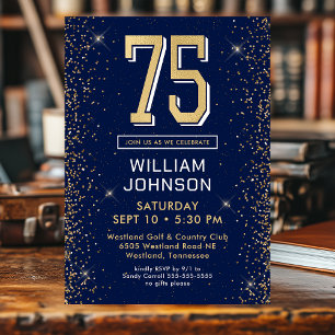 Modern Navy Blue 75th Birthday Photo Invitation