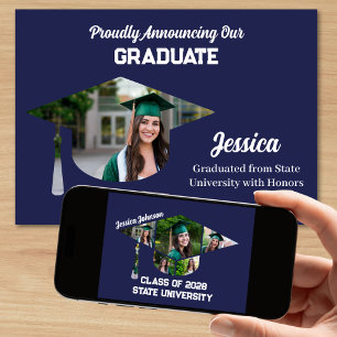 Modern Navy Blue 7 Photo Graduation Announcement