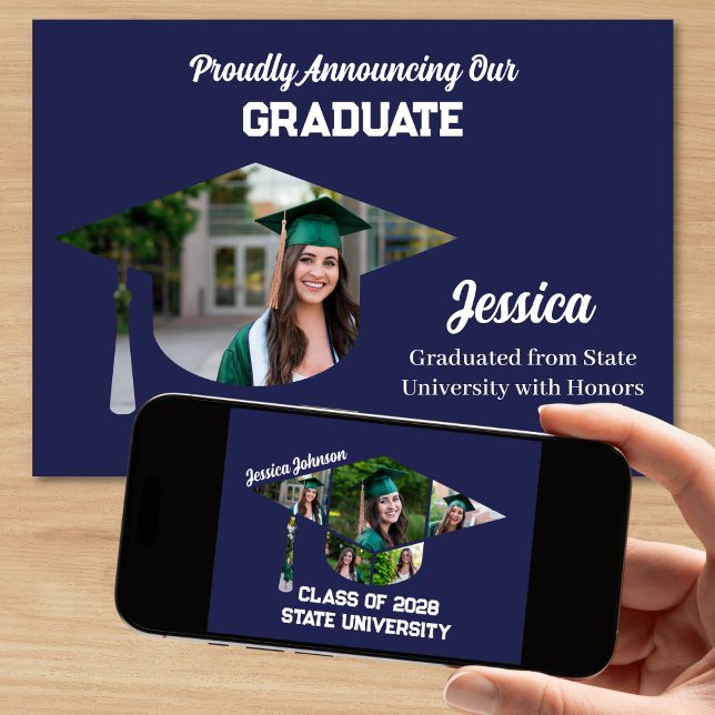 Modern Navy Blue 7 Photo Graduation Announcement (Modern Navy Blue Graduation Announcement with 7 Photos)