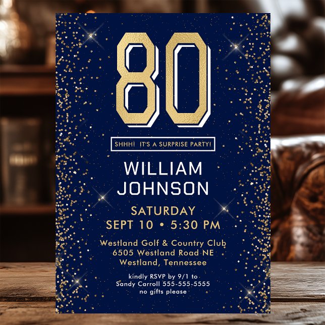Modern Navy Blue 80th Birthday Surprise Party Invitation (Creator Uploaded)